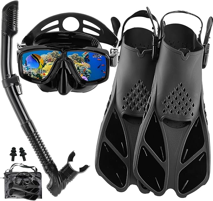 Snorkeling Gear for Adults with Fins Scuba Diving Gear Adult Professional Travel Snorkel Sets with Flippers,Anti-Fog Anti-Leak Diving Mask
