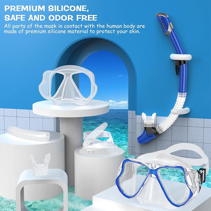 Greatever Dry Snorkel Set,Panoramic Wide View Anti-Fog Scuba Diving Mask,Professional Snorkeling Gear for Adults Kids