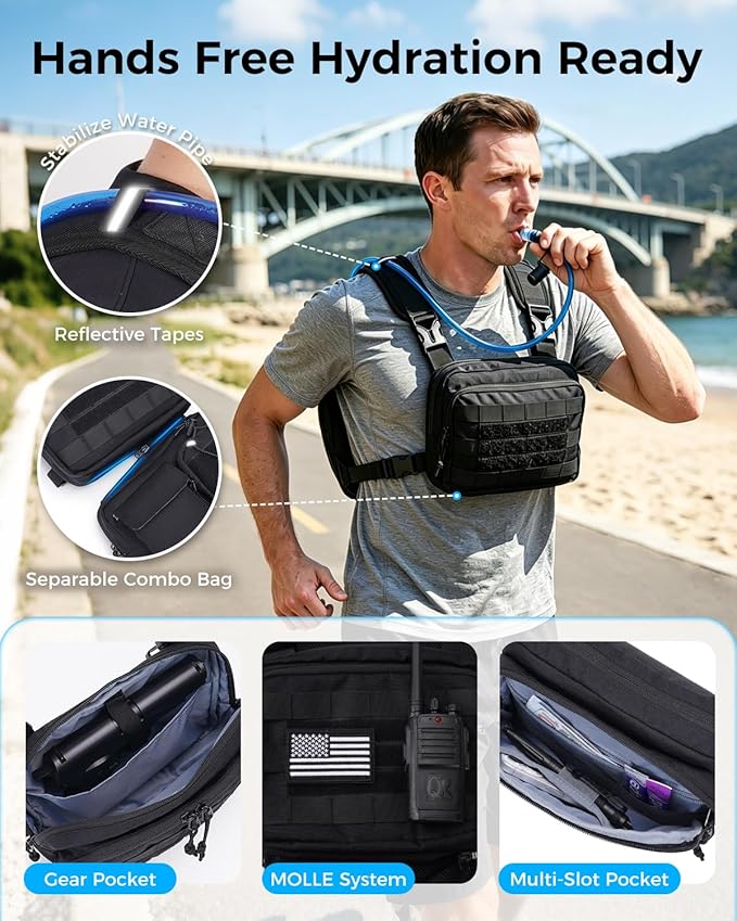 Blue Quartz 3-in-1 Running Vest with 2L Water Bladder, Lightweight Tactical Hydration Backpack with Detachable Waist Pack, Reflective Chest Pack for Hiking Running Cycling Race for Women Men