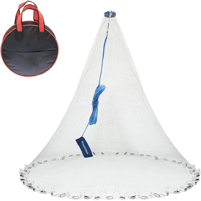 Nylon Monofilament Cast Net, 4FT/6FT/7FT/8FT/9FT/10FT/12FT American Style Hand Throwing Fishing Net with Iron Chain Weights for Saltwater and Freshwater
