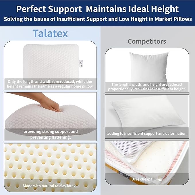 Talatex 100% Natural Premium Talalay Latex Travel Pillow, Camping Pillow, Small Camping Pillow with Compressible Stuff Sack, No Memory Foam Chemicals with Washable Cover (Soft Latex, 1)