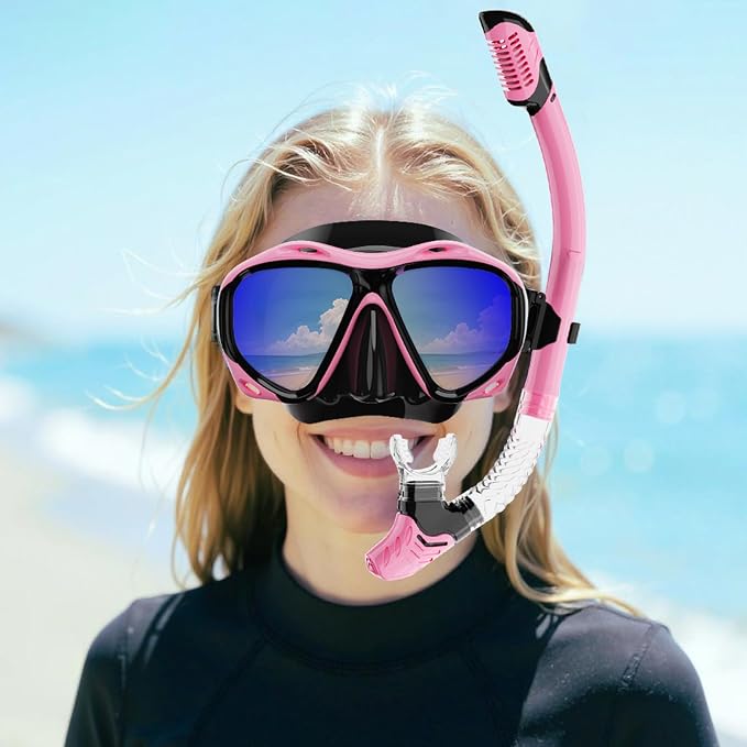 Snorkeling Gear for Adults, Snorkel Mask With Mirrored Tempered Glass Lens 180° Wide View Anti-Fog Scuba Diving Mask, Professional Snorkel Set for Swimming Diving, Gifts for Women Mom Men Dad