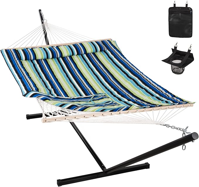 ANOW Heavy Duty Hammock with 12FT Steel Stand Included, Rope Hammock with Detachable Pillow and Pad, 450 LBS Weight Capacity, Green & Blue Stripe