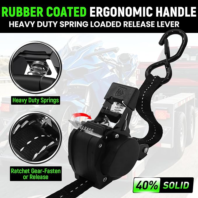 Retractable Ratchet Straps (Patented-2pack) - 1 inch x 10Feet (1,800lb Break Strength) Auto Self Retracting Tie Down Straps - Self Retractable Straps with Refletcive for Motorcyle, Truck or Cargo