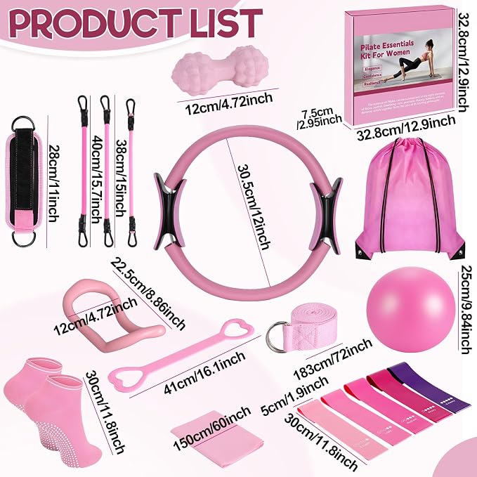 19 Pack Pilates Ring Set for Womem, Home Workout Equipment with 12 inch Magic Circle Pilates Ring and Ball Set, 5 Resistance Bands, Magic Circle, Grip Socks & Accessories for Full Body Toning