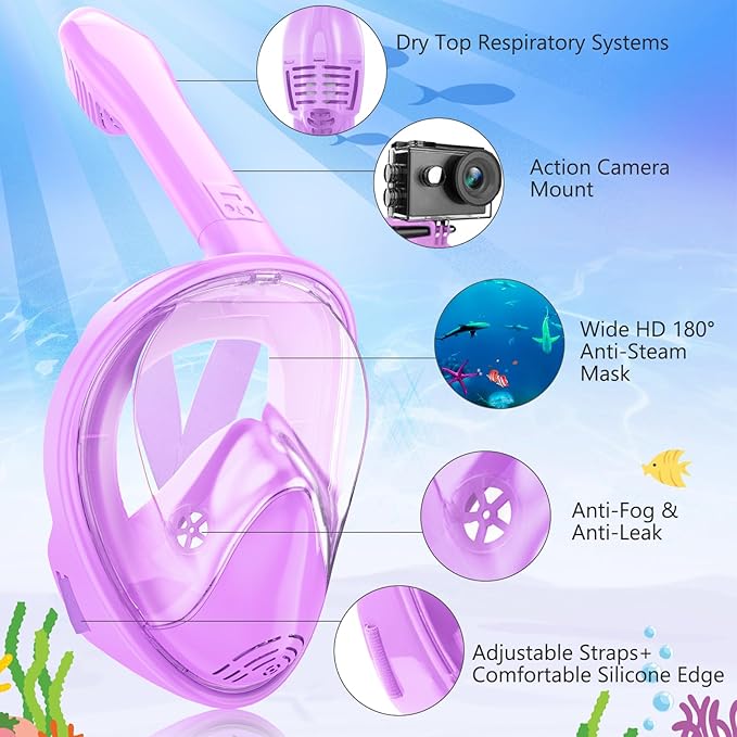 Kids Snorkel Mask Full Face, Snorkeling Gear for Kids with Camera Mount, 180 Degree Panoramic View Snorkeling Set Anti-Fog Anti-Leak