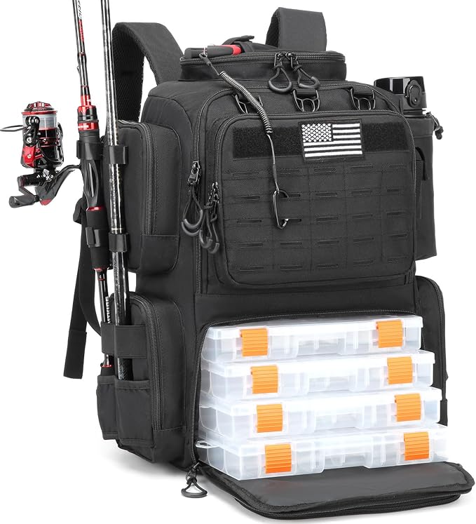 Tactical Fishing Backpack with Tackle Boxes, Rod Holders & Bottle Holder, 50 L Large Tackle Box Backpack with Cooler, Fishing Tackle Bag with Trays Store Gear & Equipment, Black