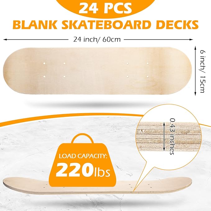 Meooeck Blank Skateboard Decks Bulk 24 x 6 Inch Professional Maple Deck 7 Ply Double Tail Wooden Skate Deck Natural Plain Skateboard for Kids Art Painting Replacement Home Decoration