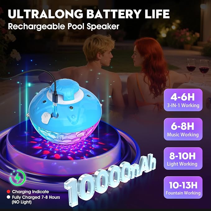 Bluetooth Pool Speaker w/Colorful Pool Fountain Light, 3 in 1 Floating Pool Speaker Loud Sound, IP68 Waterproof Floating Hot Tub Speakers, Bluetooth 5.4, 24H Playtime Pool Wireless Speakers