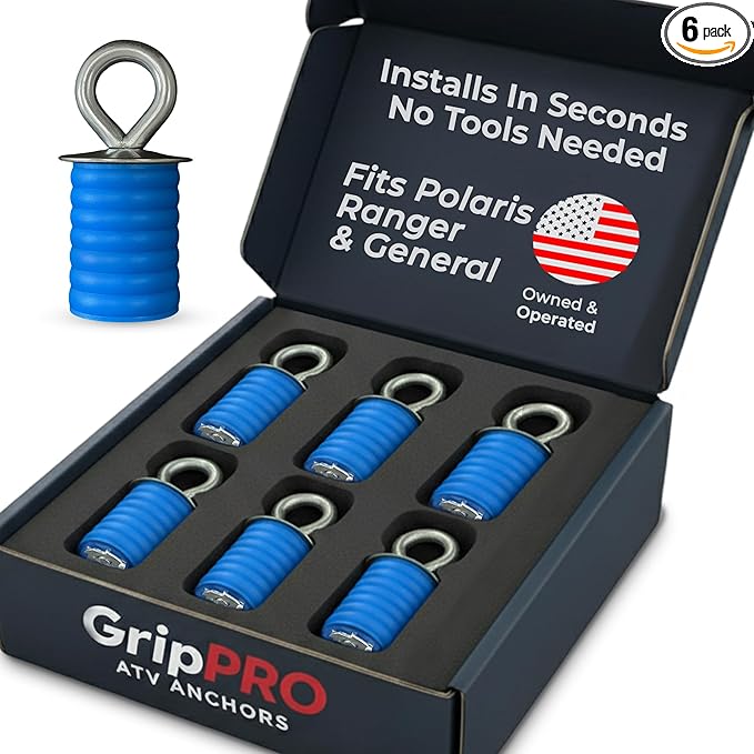 GripPRO ATV Anchors – 6 Pack Fits Polaris Lock & Ride Bed Holes on Ranger & General, Patented Tie Downs for Toolboxes, Coolers, Gear, Fits 1-7/16" Bed Holes, Not for RZR – USA Brand