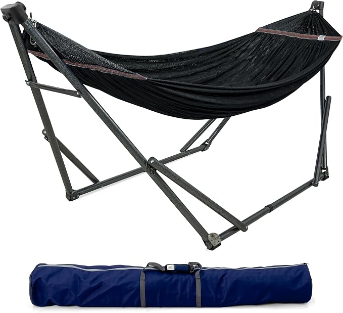 Tranquillo 600 lbs Capacity Adjustable Hammock Stand, Collapsible Camping Hammock and Stand, Steel Double Hammock Stand for 2 Persons, Portable Everywhere Easy Assembly Non-Slip and Noise-Free, Black