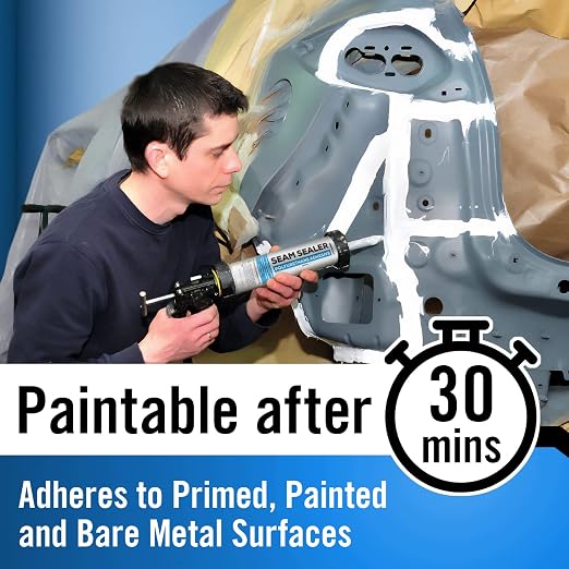 [2 Pack] Polyurethane Seam Sealer Automotive Compound — Paintable Auto Body Seam Sealer White, Won't Shrink or Crack, Flexible Joint Filler for Bare & Painted Metal, RV Roof Sealant with Gloves, 10oz
