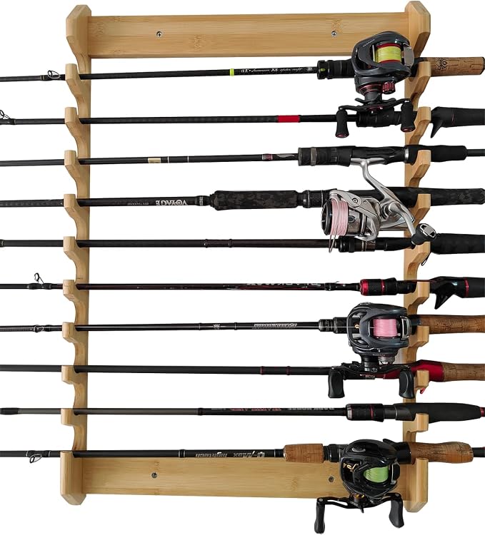 Wall Mount Fishing Rod Rack, Wooden Fishing Pole Holder, Heavy Duty Fishing Rod Storage Organizer for Garage Home Wall, Space Saving Fishing Gear Display Rack
