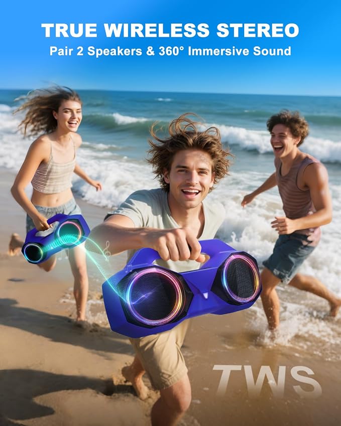 OZJ Bluetooth Speaker Outdoor Loud: 80W(Peak) with Bass, Portable Wireless Speaker with IPX7 Waterproof, 20H Playtime, RGB Lights, TWS for Outside, Beach, Work (Purple)