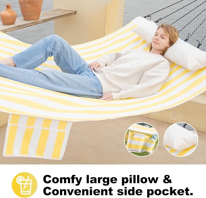 GAFETE 14ft 2 Person Hammock for Outside, Quick Dry Textilene, Portable Hammocks Without Stand with Folding Steel Spreader Bar, Carrying Bag, Tree Straps, Pillow & Sidebag, 550 lbs Capacity (Yellow)