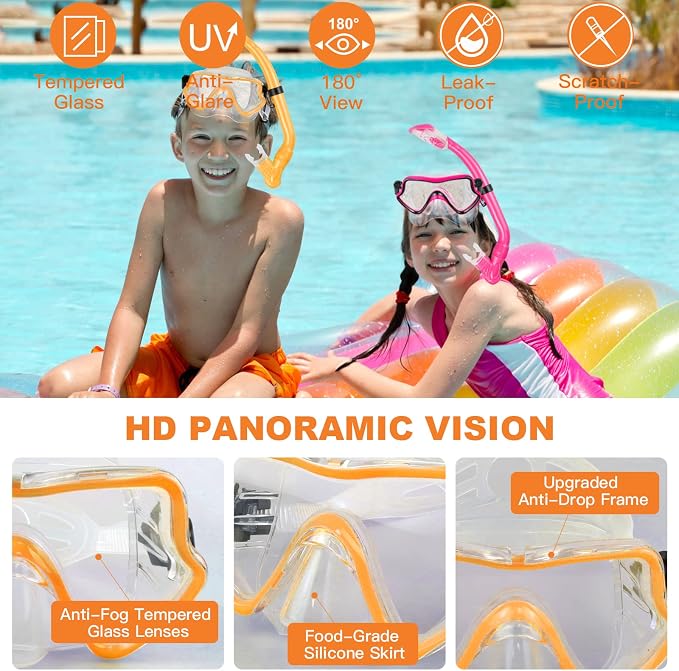 Kids Snorkeling Set - Adjustable Flippers + Panoramic Snorkel Mask + Dry Snorkel Tube + Travel Bags - Suitable for Kids & Juniors, Age 5-14