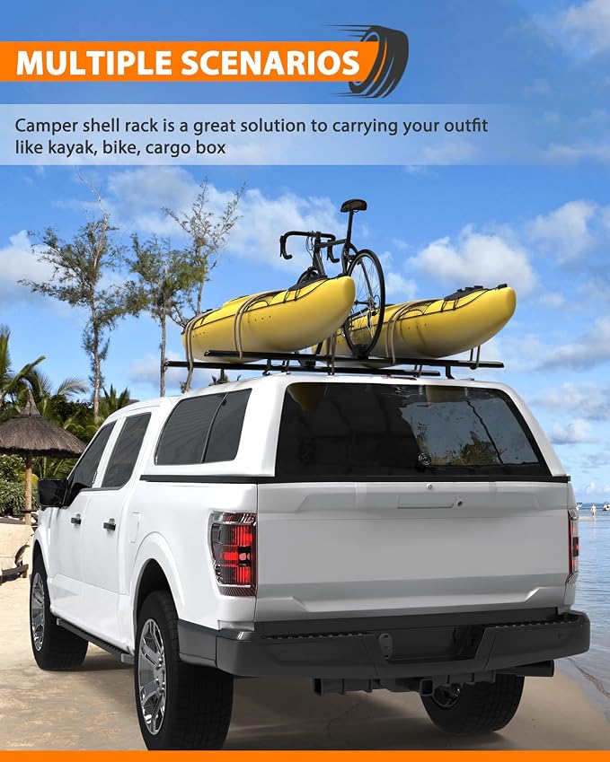 MELIPRON 60" Truck Topper Roof Rack for Pickup Truck Cap, Heavy Duty Aluminum Camper Shell Ladder Rack for Kayak/Canoe, 500lbs, Drilling Required