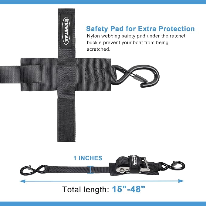 EXVITAL Boat tie Down Straps to Trailer 1"×4' transom Straps with Stainless Steel Ratchet Heavy Duty Adjustable Ratchet Straps for Boat Trailer 2400lbs Break Strength,Black 2 Pack