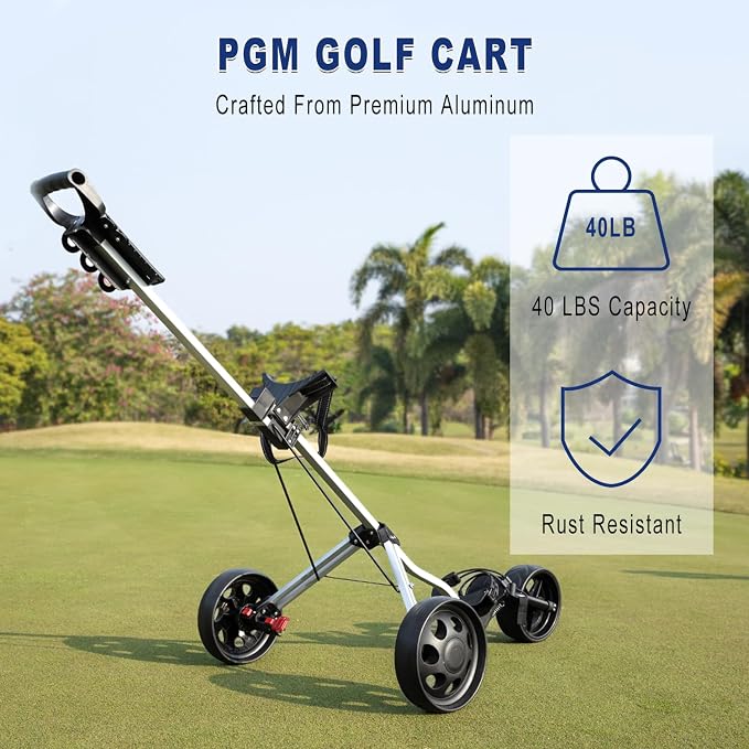 PGM Foldable Golf Push Pull Cart for Stable and Durable with Foot Brake, Lightweight Walking Cart with 3 or 4 Wheels for Courses and Players