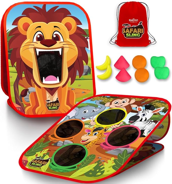 Swooc Games® - Safari Sling | 2-in-1 Bean Bag Toss Game for Kids | 5-Second Setup Kids Cornhole Game Set | Outdoor Toddler Activities | Backyard Party Games | Corn Hole Set Toddler Bean Bag Toss