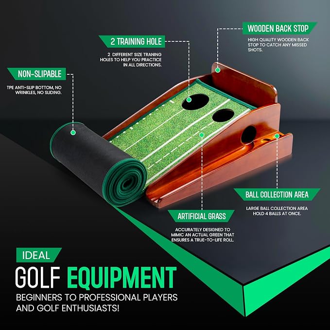 Premium Wood Golf Putting Green Indoor- 10-11 Stimp Speed True Roll Mat-Auto Ball Return, Dual Precision Holes, Alignment Mirror & 2 Balls-Professional Indoor Putting Trainer for Home & Office