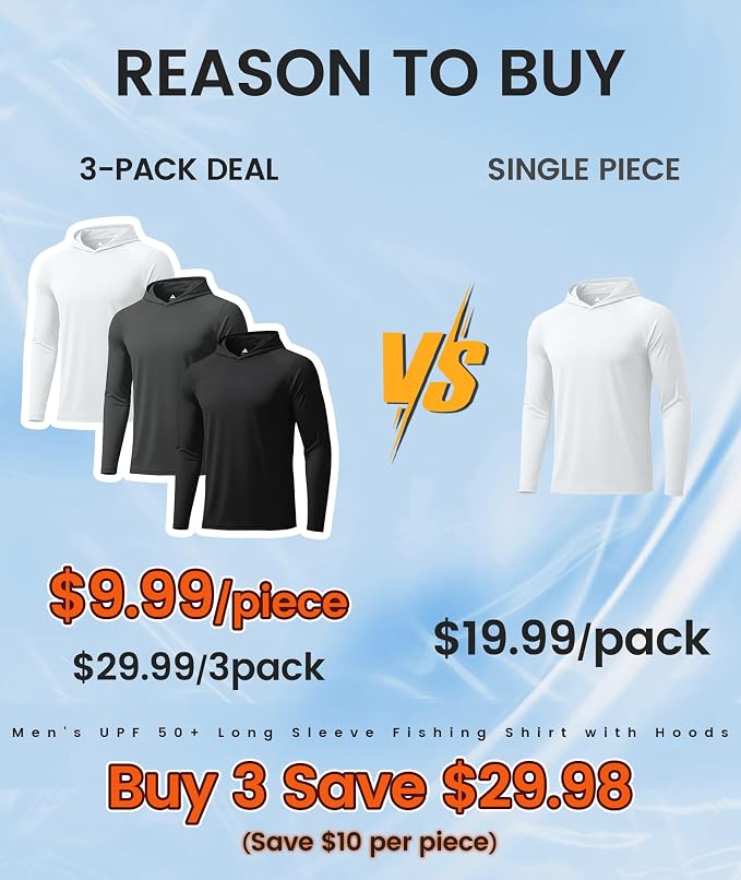ZITY 3 Pack Men's UPF 50+ Sun Protection Hoodie Shirt Long Sleeve Shirt Fishing Shirts for Men Lightweight Rash Guard
