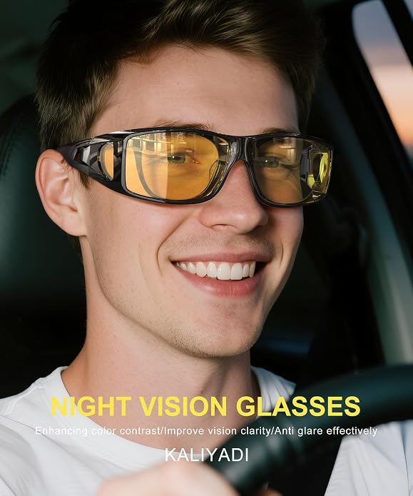 KALIYADI Night-Vision-Glasses Fit-Over-Glasses Wrap-Around Glasses: Anti Glare Night Driving Glasses for men women HD Lens
