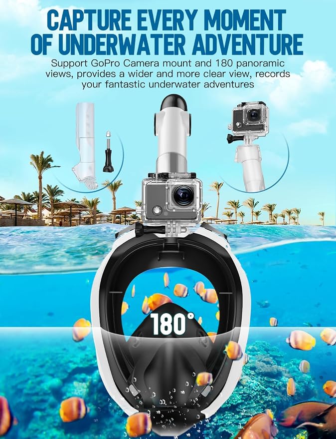 Full Face Snorkel Mask for Adults, 180° Panoramic Anti-Fog Snorkeling Gear with Dry Top System & Camera Mount, Foldable Anti-Leak Design for Travel, Swimming & Ocean Snorkeling