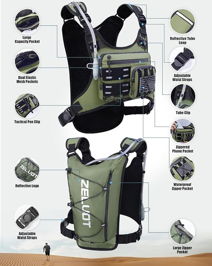 Zelvot Running Vest with 2L Water Bladder, Hydration Backpack, U.S. Design Patent, Lightweight Hydration Pack with Gear Holder, Reflective Chest Pack for Men Women for Marathon