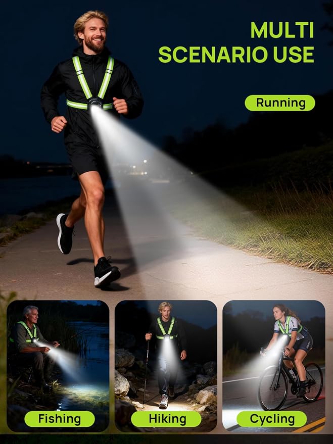 Acso Running Lights for Runners, 500 Lumens Running Light with 360°Reflective Vest, 45° Adjustable,IPX5 Waterproof Rechargeable Light Up Gear for Night Walking/Cycling/Jogging/Hiking