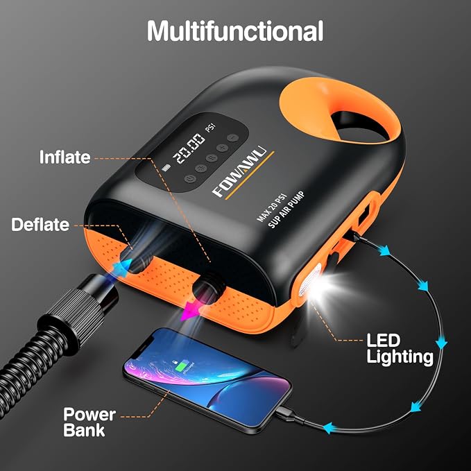 FOWAWU Paddleboard Pump, Sup Pump Electric DC 12V Car Connector, Paddle Board Pump Intelligent Dual Stage Inflation & Deflation