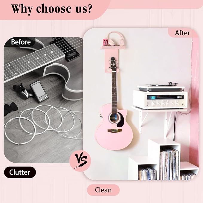 Keebofly 2-Pack Guitar Wall Mount Hanger with Shelf & Pick Holder - Wood Wall Hook for Acoustic, Electric, Bass Guitars, Ukulele (Screw-Mounted, Pink) [Patented]