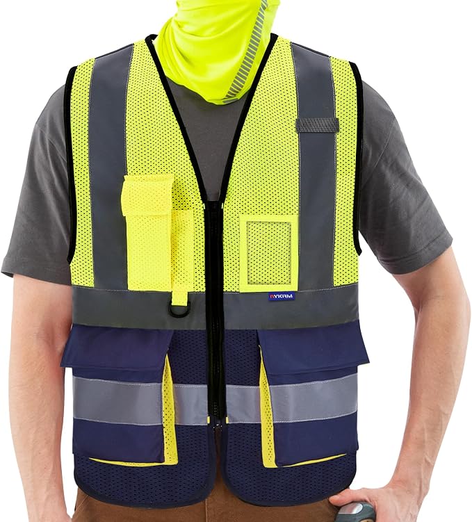 A-SAFETY High Visibility Mesh Safety Reflective Vest with Pockets and Zipper,Hi Vis Viz Reflective Safety Vest(Yellow&Navy Mesh XXL)