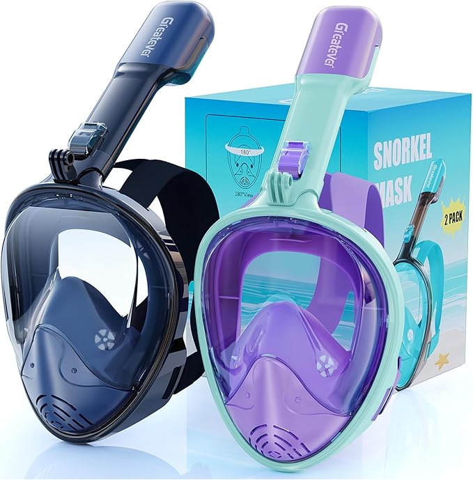 Greatever Full Face Snorkel Mask, Snorkeling Gear for Adults with Latest Dry Top Breathing System and Detachable Camera Mount, Foldable Snorkel Set for Family Snorkeling Trips, Anti-Fog & Anti-Leak