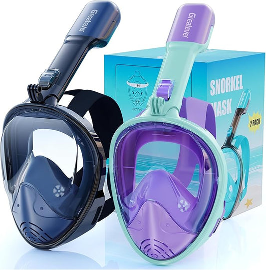 Greatever Full Face Snorkel Mask, Snorkeling Gear for Adults with Latest Dry Top Breathing System and Detachable Camera Mount, Foldable Snorkel Set for Family Snorkeling Trips, Anti-Fog & Anti-Leak