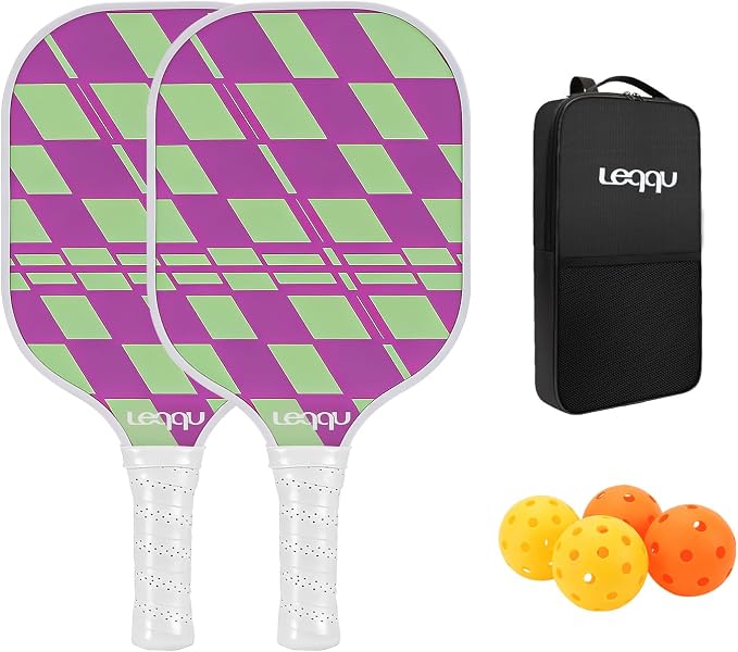 Fiberglass Pickleball Paddles Set of 2, Lightweight Pickle Ball Rackets Kit with Honeycomb Core Control Durable, 4 Outdoor Indoor Balls and Carrying Bag for Men Women