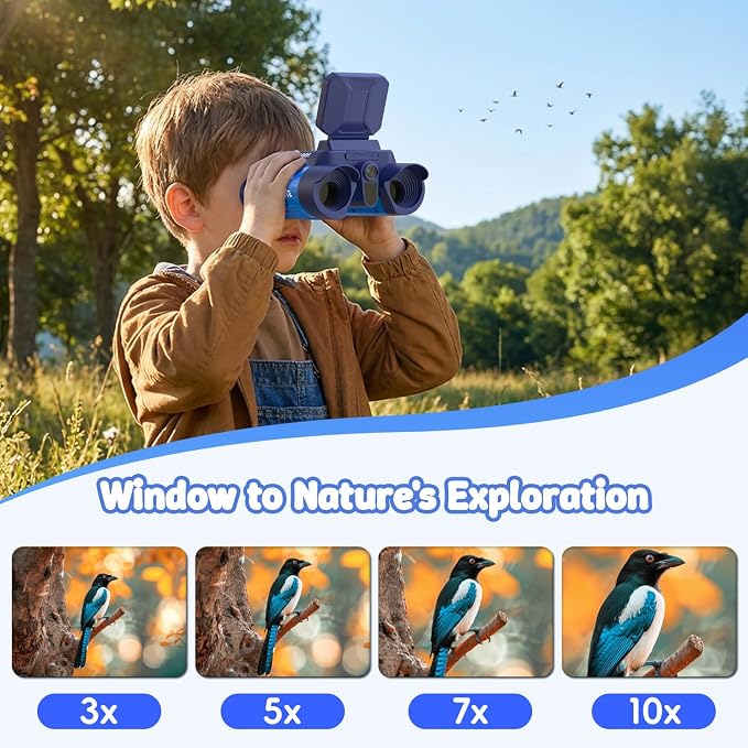 Kids Binoculars with Night Vision Camera, 10X Zoom Digital Adventures Telescope with 2.4" IPS Screen, Nature Explorer STEM Toys for Bird Watching Camping, Gifts for Boys Girls Age 4-12 - Blue