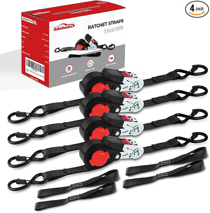 NeatStrap Ratchet Strap with Safety Lock Chromoly S Hooks-1,500lbs Break Strength-Motorcycle, Kayak Ratcheting Straps 1" x 15' Soft Loop Tie-Downs for Pickup Bed,Moving Truck,Trailer(4PK)