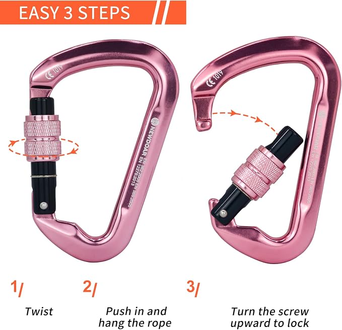 NewDoar CE Certified 30kN-6744lbs Climbing Carabiner Professional, Heavy Duty D Screwgate Clip, for Climbing,Rappelling,Hunting, Rescue