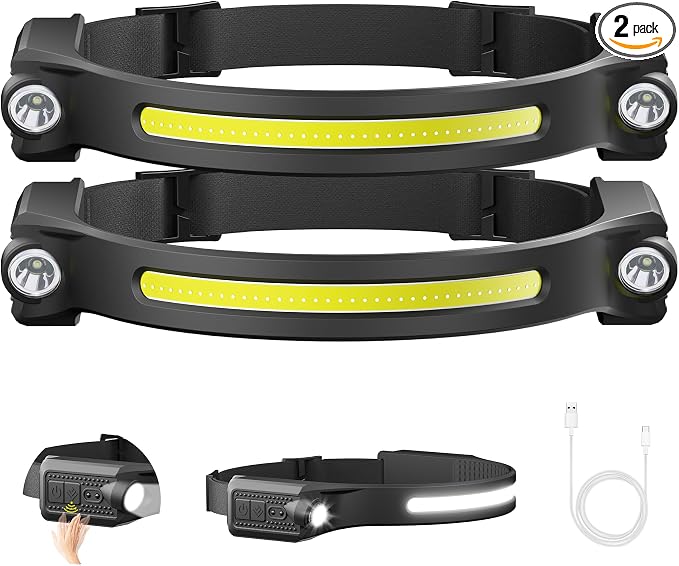 AlpsWolf LED Headlamp Rechargeable, 2 XPE LED and COB LED Head Lamp, Motion Sensor, 260° Wide Beam, IPX4 Waterproof, Rechargeable Headlight for Camping Accessories (2 Pack)