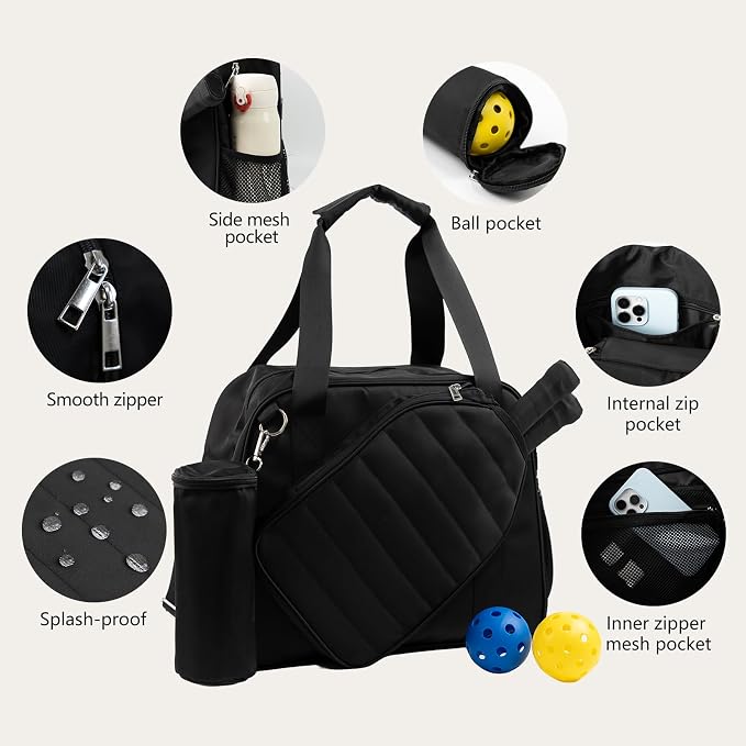 SSZYace Pickleball Tote Bag for Women & Men, Large Capacity Design Holds 2 Pickleball Paddles, External Pickleball Ball Bag and Adjustable Shoulder Strap Fence Hook, Insulated Drink Holder