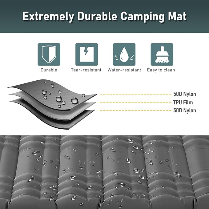 Elegear CumbreX™ Double Sleeping Pad for Camping, 4.7" Ultra-Thick Inflatable Camping Sleeping Pad 2 Person with Built-in Foot Pump, Portable Camping Sleeping Mat for Backpacking Hiking Tent,Gray Full