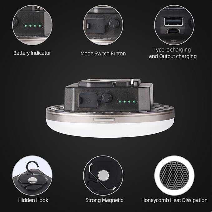 LED Rechargeable Camping Lantern 5000LM with Remote – 3 Color Modes & Stepless Dimming, USB-C in/Out, IPX5 Waterproof, Magnetic Hook, Portable Tent Light for Camping, Hiking & Glamping