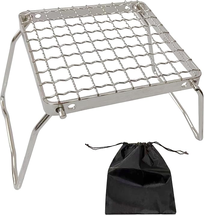 MDUG Ultralight Mini Camp Grill with Foldable Legs – 304 Stainless Steel Grate, Portable Gas Stove & Campfire Stand, Compact Grill Grid for Backpacking/Camping/Hiking/Picnic/Travel/Fishing (Weave)