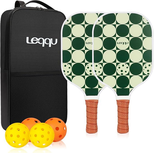 Fiberglass Pickleball Paddles Set of 2, Lightweight Pickle Ball Rackets Kit with Honeycomb Core Control Durable, 4 Outdoor Indoor Balls and Carrying Bag for Men Women
