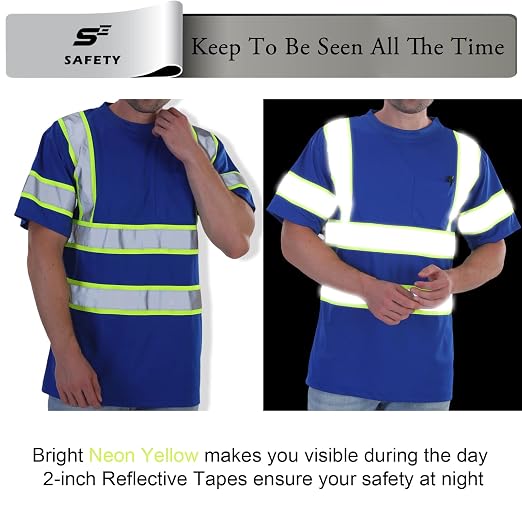 sesafety High Visibility Shirts for Mens Class 3 Hi Vis Reflective Construction Shirts for Men with Pocket Safety T Shirts for Men Work Shirt for Mens Short Sleeve Blue Yellow Strips 4XL