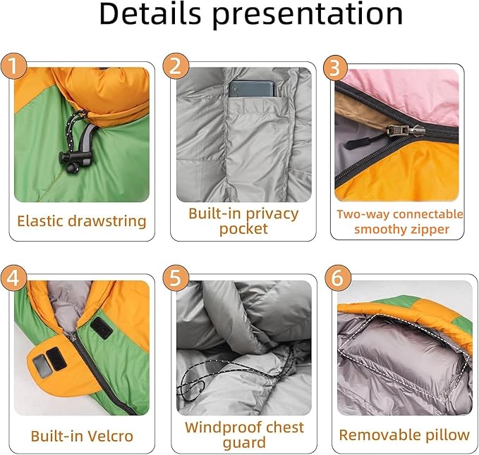 Down Sleeping Bag with Pillow, 0°F 20°F 32°F Regular and XL Compact Lightweight Sleeping Bag for Adults,Teens Backpacking,Camping and Hiking Outdoor