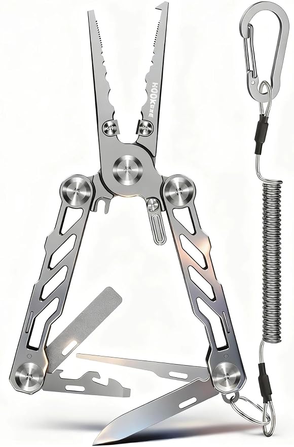 HOOK-EZE Folding Fishing Pliers, 5-in-1 Saltwater Resistant Multitool with Tungsten Line Cutters, Hook Remover, Knife, Screwdriver, Bottle Opener, Sheath & Lanyard for Outdoor, Camping & Fishing