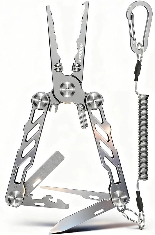 HOOK-EZE Folding Fishing Pliers, 5-in-1 Saltwater Resistant Multitool with Tungsten Line Cutters, Hook Remover, Knife, Screwdriver, Bottle Opener, Sheath & Lanyard for Outdoor, Camping & Fishing