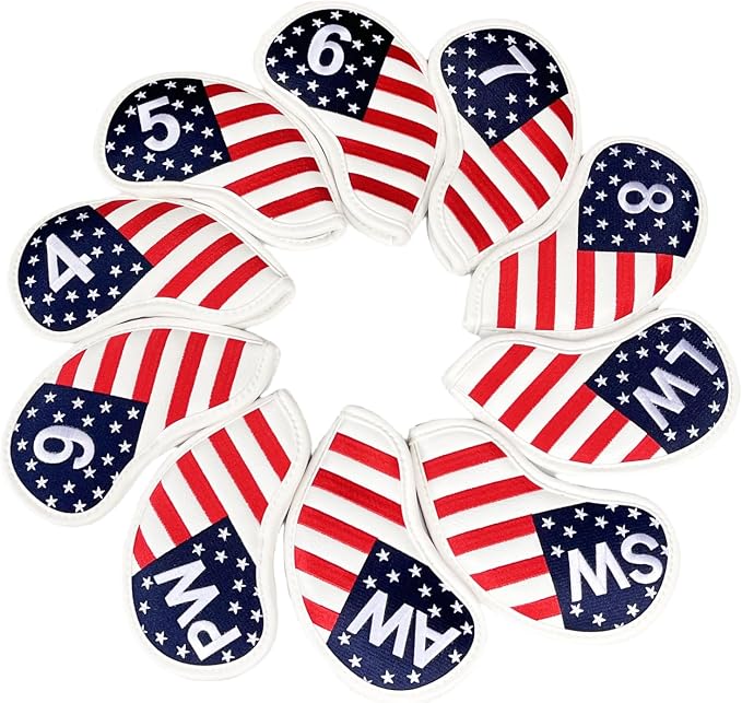 Patriotism US Flag Golf Iron Covers Premium Leather Iron Head Covers Set Headcover 4 5 6 7 8 9 PW SW AW LW Wedge Iron Club Covers fits for Most Brands